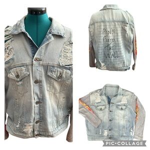 Carmar Denim Jacket w/Flames on Sleeves,”Pink Floyd The Wall”, P2P:23.5”, L:25”